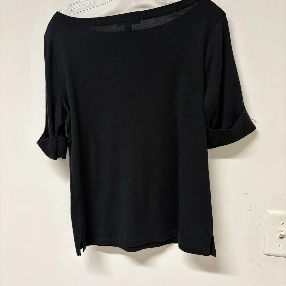 Lauren Ralph Lauren Black Boat Neck Zipper Accent Cotton Top  Size LG Nautical - Picture 5 of 6